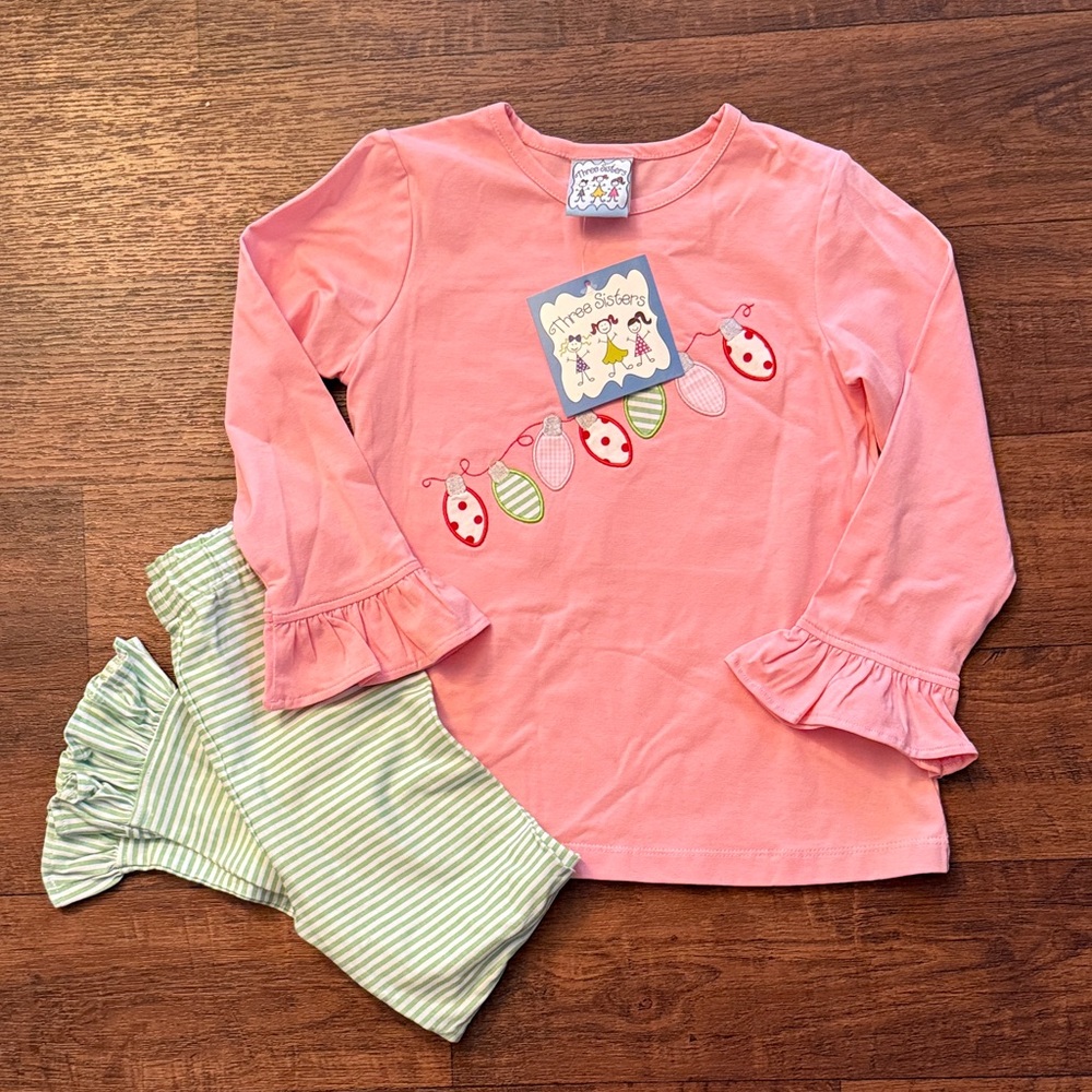 Pink Long Sleeve Top with Stripe Green Ruffle Shorts